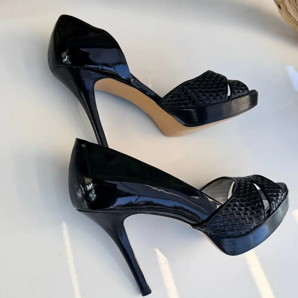 Marc Fisher Black Patent Leather Woven Platform Peep Toe Stiletto Heels Size 6